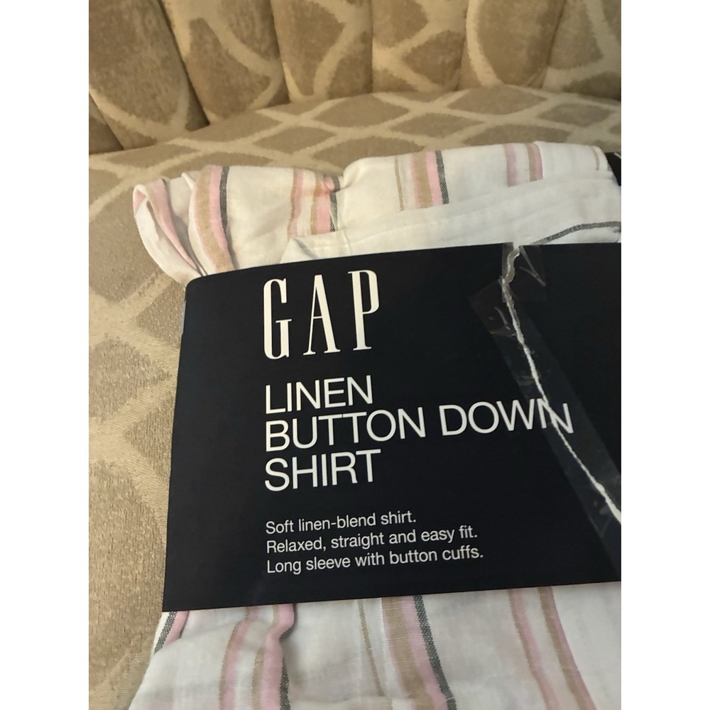 GAP Linen Button Down Shirt Pink Cream Gray Striped Relaxed Fit L NEW